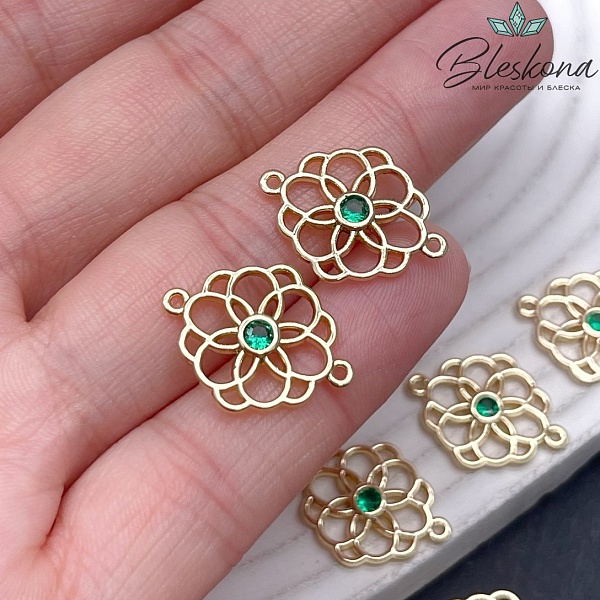 19,7*15 мм Цвет золото, Коннектор цветок зеленый циркон
