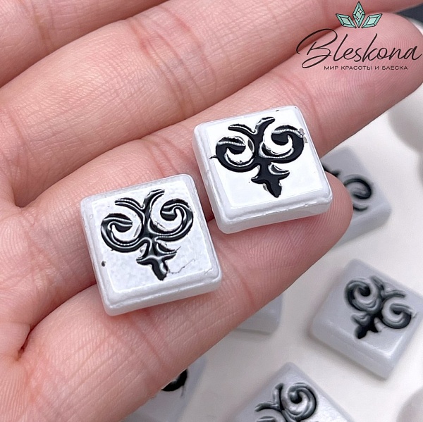 15 мм Бусина Этно квадрат белый черный рисунок