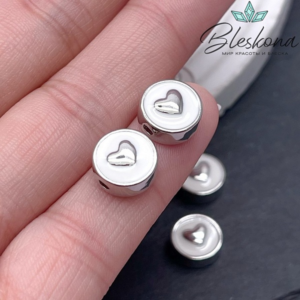 10 мм Цвет серебро,Бусина сердце белая эмаль 