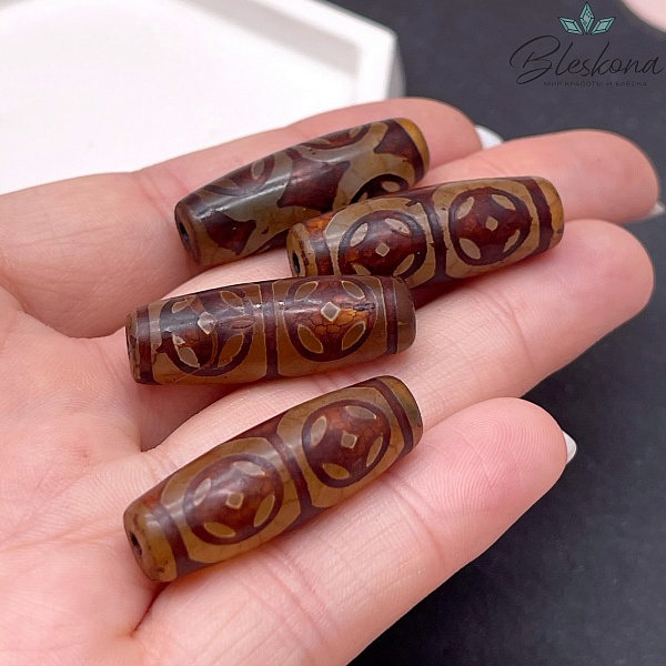 Бусина Дзи 4 монеты серо-коричневый бочонок 30*11 мм