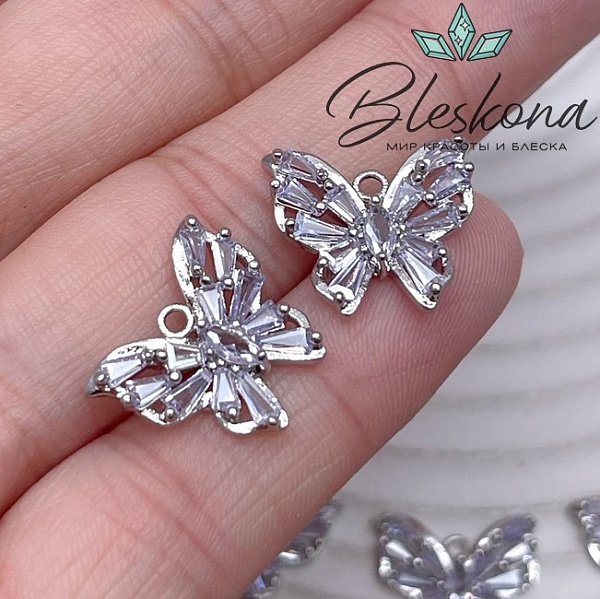 14*15,8 мм Цвет серебро, Подвеска Бабочка сиреневые цирконы 