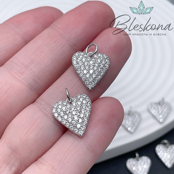 14*13 мм Цвет серебро, Подвеска сердце с цирконами