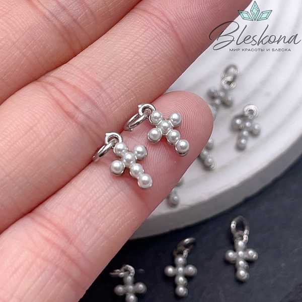 Подвеска Крест мини с имитацией жемчуга,цвет серебро 6,5*10,8мм 