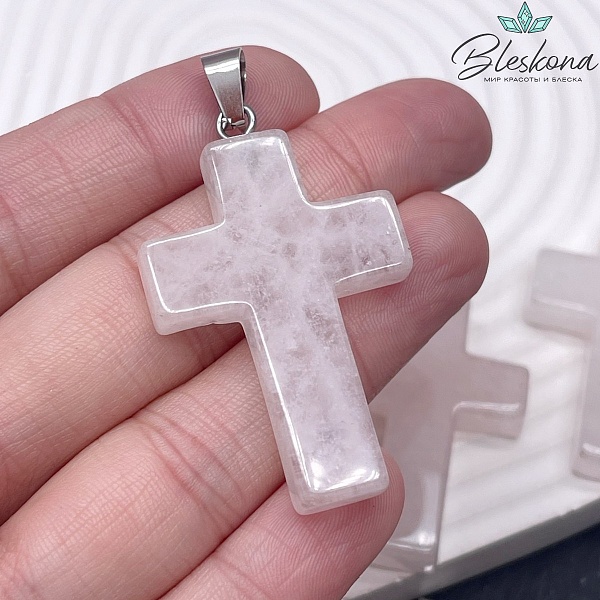 Подвеска крест Розовый кварц, цвет серебро 44*28 мм