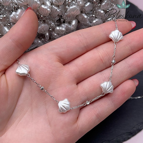 Цепь №261-5 цвет серебро 3*1 мм, имитация жемчуга ракушка