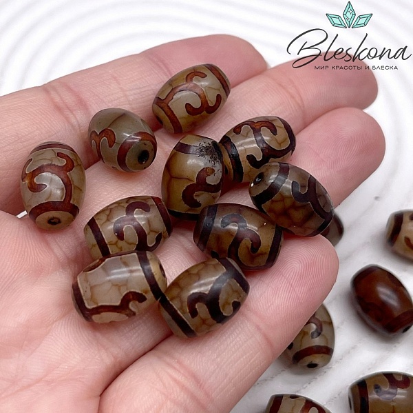 Бусина Дзи Зеленая тара серо-коричневый бочонок 10*14 мм