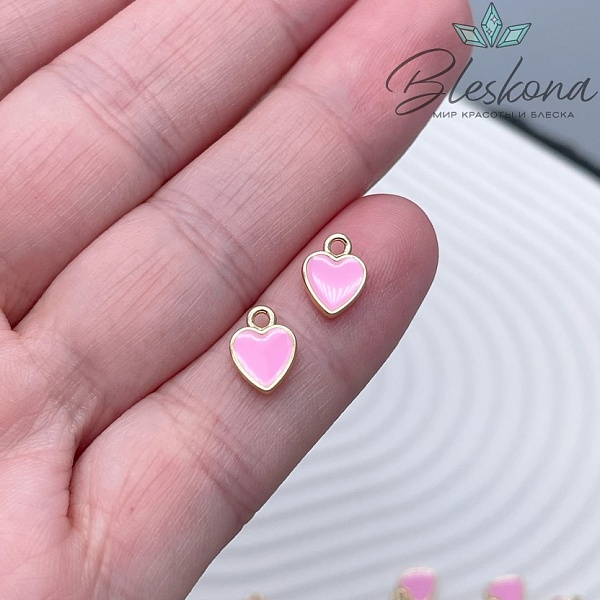 9*6,5 мм Цвет золото, Подвеска сердце розовая эмаль