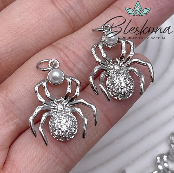 22,5*17,5 мм Цвет серебро, Подвеска Паук с цирконами 