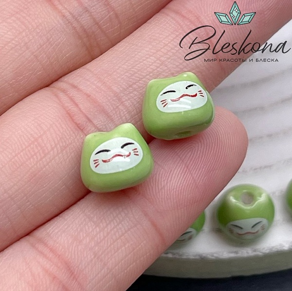 8*10 мм Керамика бусина Котик зеленый 