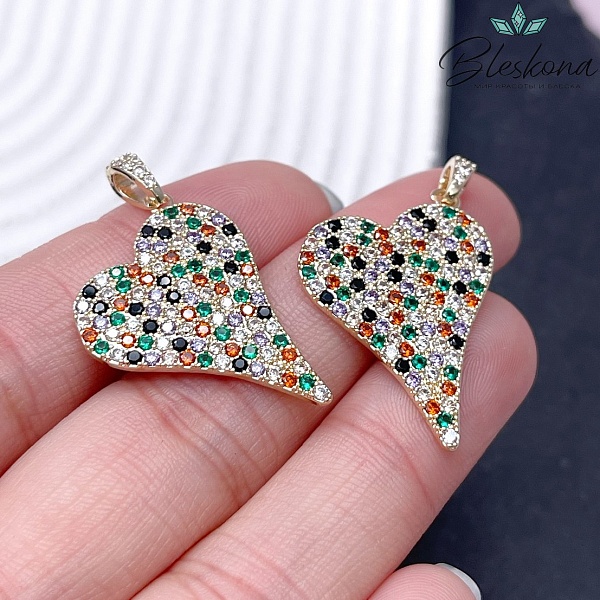 20*27мм, цвет золото, Подвеска сердце микс цирконы 