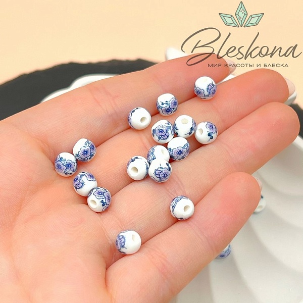 6 мм Керамика Бусина роспись гжель №27 (штучно)