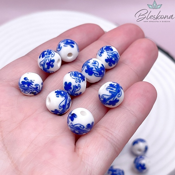 10 мм Керамика Бусина роспись гжель №1 (штучно)