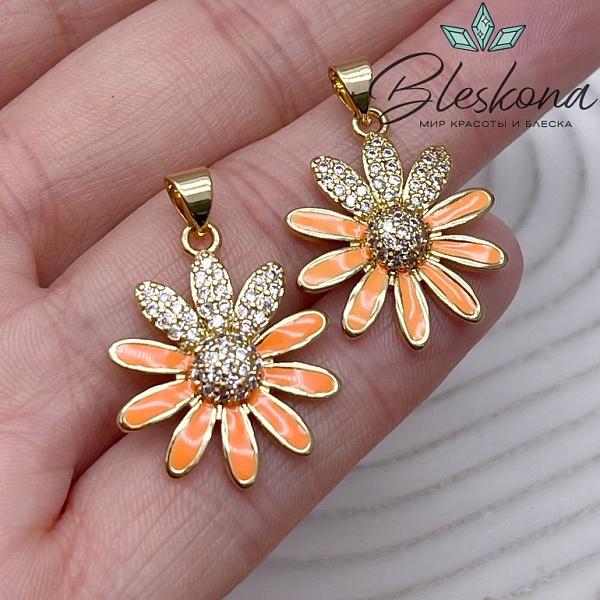 23,5*19 мм Цвет золото, Подвеска ромашка с цирконами, оранжевая эмаль
