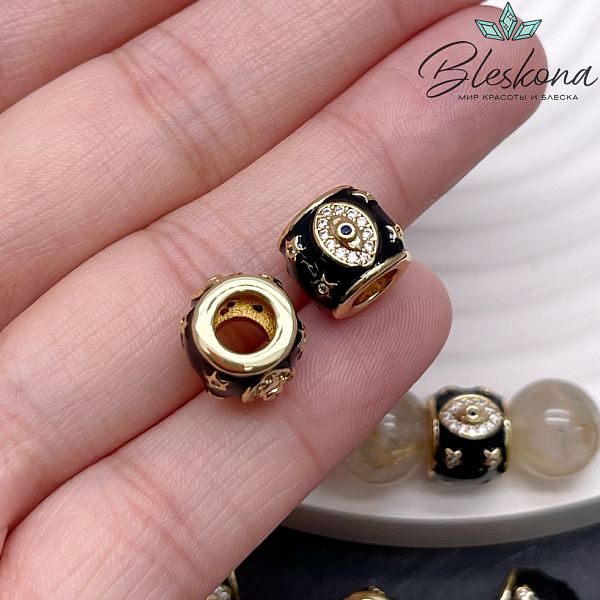 9*11 мм Цвет золото, Бусина бочонок глаз цирконы черная эмаль