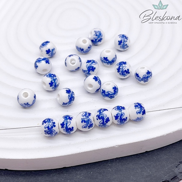 8 мм Керамика Бусина роспись гжель №1 (штучно)
