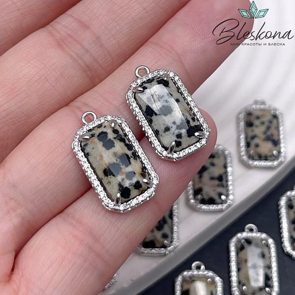 12*21мм, цвет серебро ,Подвеска Прямоугольник Далматиновая Яшма в обрамлении цирконы