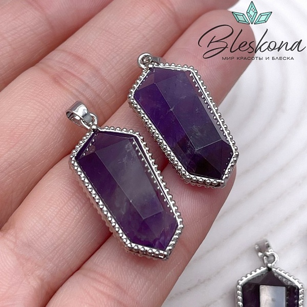 13,5*30мм, цвет серебро ,Подвеска Шестиугольник Аметист в обрамлении цирконы