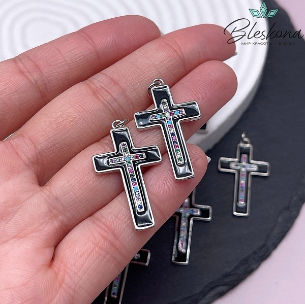 31,5*18 мм Цвет серебро, Подвеска Крест черная эмаль цирконы микс