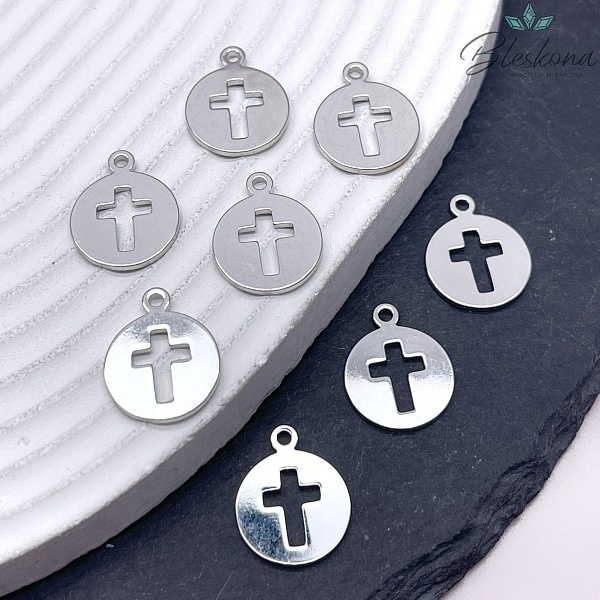 14 мм Цвет серебро, Подвеска круг  Крест 
