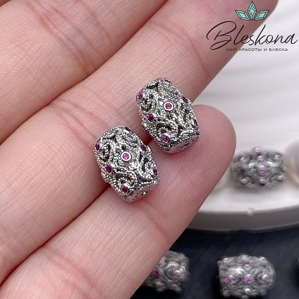 10,6*8,3 мм Цвет серебро, Бусина цилиндр розовые цирконы 