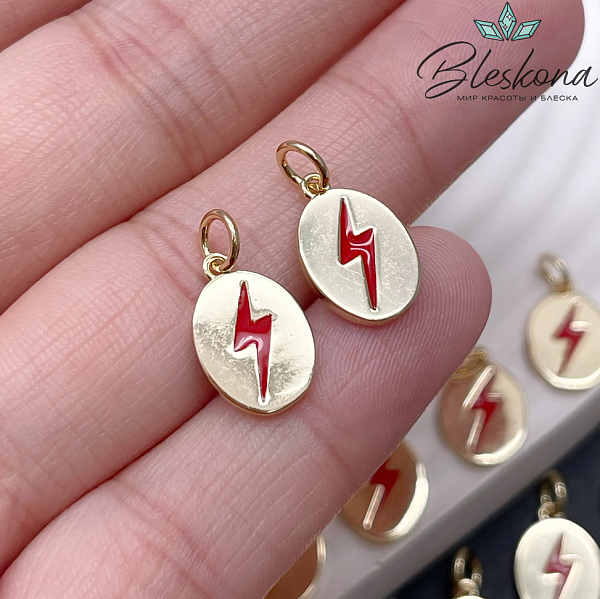 13,8*9,2 мм,Цвет золото, Подвеска овал молния красная эмаль