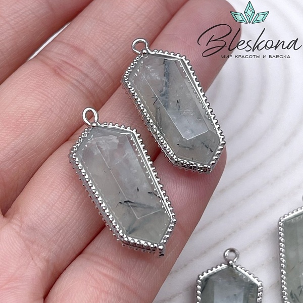 13,5*30мм, цвет серебро ,Подвеска Шестиугольник Пренит в обрамлении цирконы
