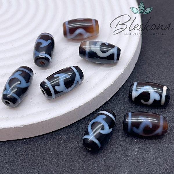 Бусина Дзи Зеленая тара бело-черный бочонок 20*11 мм