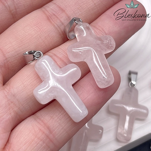Подвеска крест Розовый кварц, цвет серебро 28,5*18 мм
