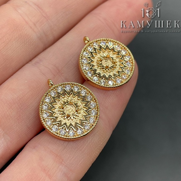 15,5мм, Цвет золото, Подвеска круг цветок цирконы 