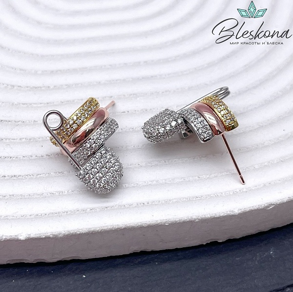 13*21 мм цвет биколор, Пусеты полусфера с булавкой цирконы 