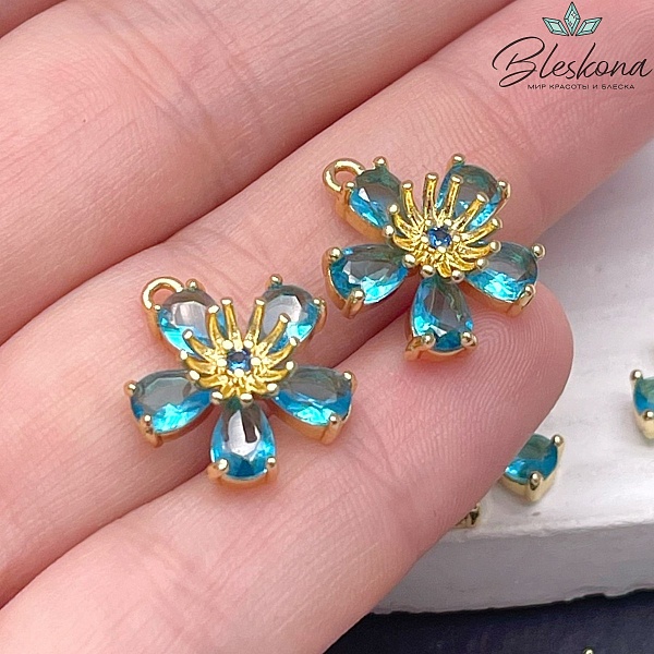 14мм, Цвет золото, Подвеска цветок  голубой циркон