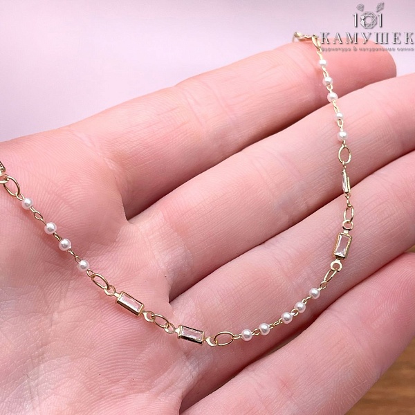 Цепь №269-1 цвет золото 10*3 мм, имитация жемчуга