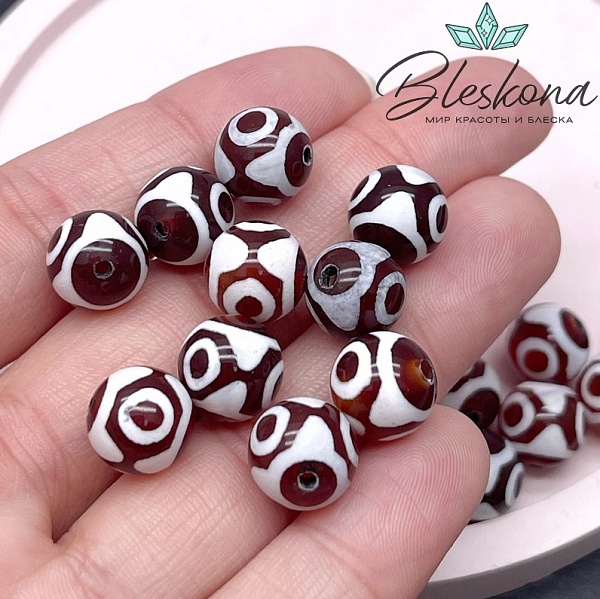 Бусина Дзи 3 глаза бело-коричневый шар 10 мм уп.10 шт.
