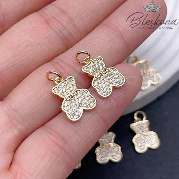 14*10 мм Цвет золото, Подвеска Мишка с бантиком цирконы