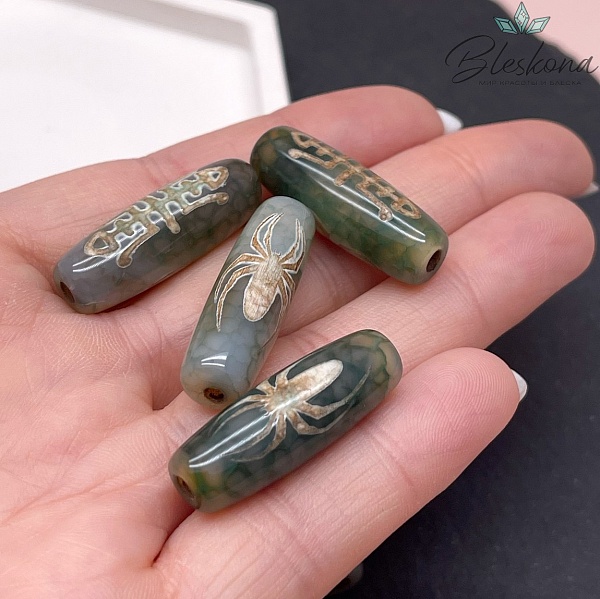 Бусина Дзи Паук и Сау зелено-коричневый бочонок 30*11 мм