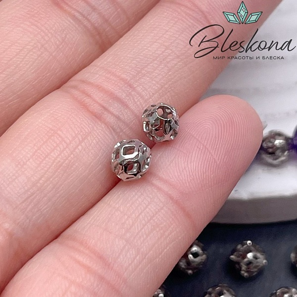 6 мм Цвет серебро, Бусина Шар ромб Люкс