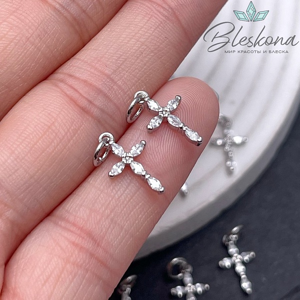 13,3*8 мм Цвет серебро, Подвеска крест мини с белыми цирконами