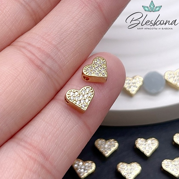 6*7 мм Цвет золото, Бусина Сердце цирконы 