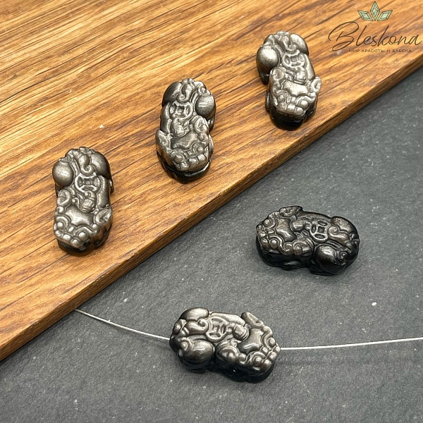 21*12 мм Резная бусина Пи Яо Обсидиан серебристый