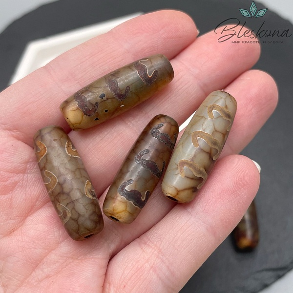 Бусина Дзи 5 летучих мышей серо-коричневый бочонок 30*11 мм