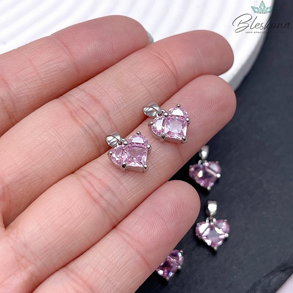 10*9,5 мм, Цвет серебро, Подвеска Сердце розовые цирконы