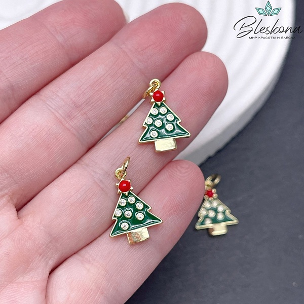 16,5*12 мм Цвет золото, Подвеска Елка зеленая эмаль