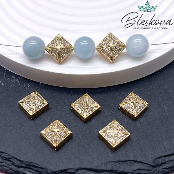 13,5*10 мм Цвет золото, Бусина ромб плоский цирконы