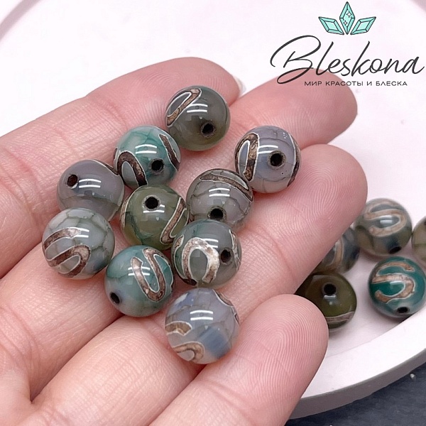 Бусина Дзи Денежный крючок зелено-коричневый шар 10 мм уп.10 шт.