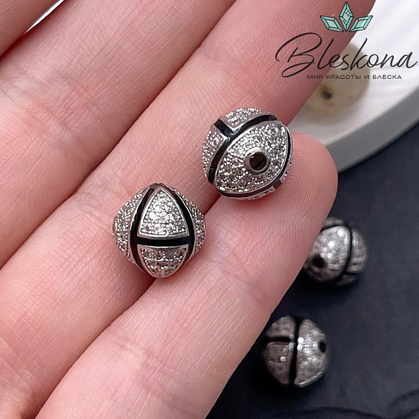 11 мм Цвет серебро, Бусина цирконы черная эмаль