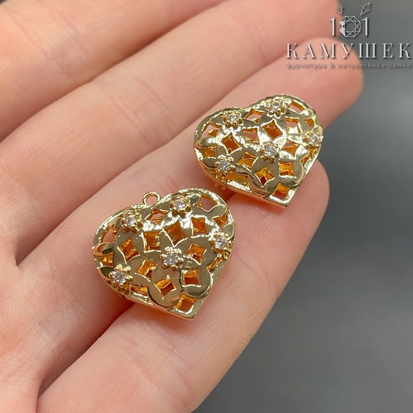 19,5*19мм Цвет золото, Подвеска сердце цветы цирконы