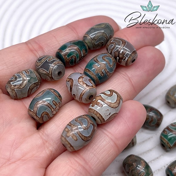 Бусина Дзи Нектарный сосуд изобилия зелено-коричневый бочонок 10*14 мм