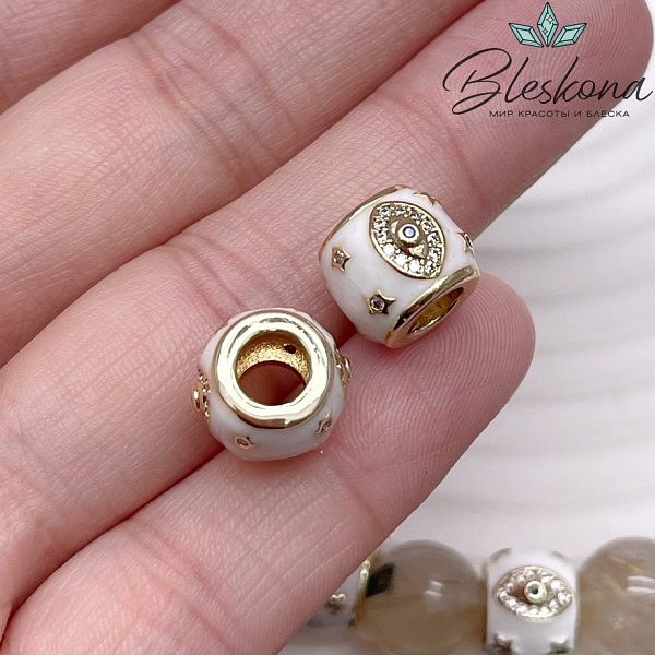 9*11 мм Цвет золото, Бусина бочонок глаз цирконы белая эмаль