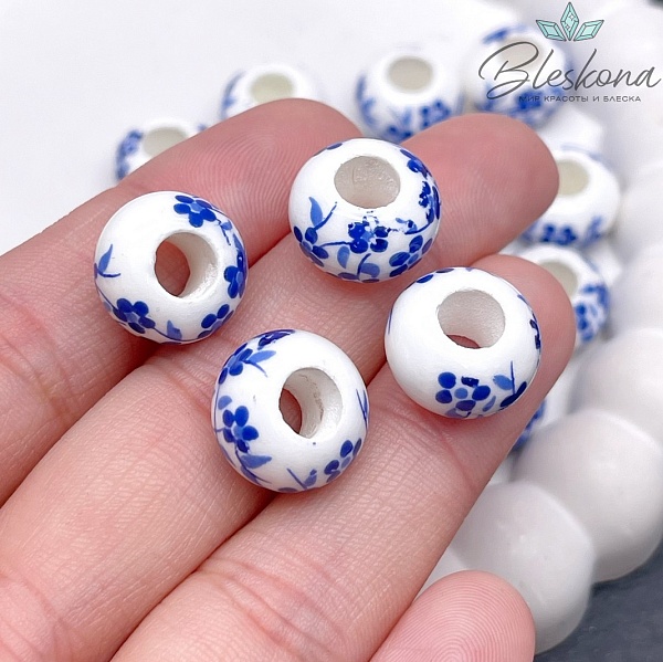 14 мм Керамика Бусина Бублик роспись гжель №2