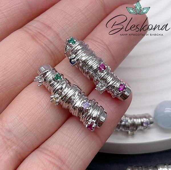 26*8 мм Цвет серебро, Бусина трубочка с цирконами микс